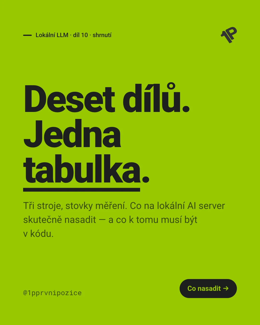 Deset dílů. Jedna tabulka. Tři stroje, stovky měření — co na lokální AI server skutečně nasadit a co k tomu musí být v kódu.