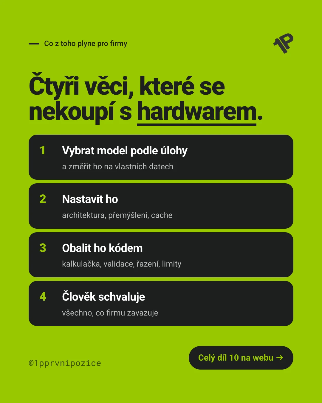Čtyři věci, které se nekoupí s hardwarem: vybrat model podle úlohy a změřit ho na vlastních datech, nastavit ho (architektura, přemýšlení, cache), obalit ho kódem (kalkulačka, validace, řazení, limity) a nechat člověka schvalovat vše, co firmu zavazuje.