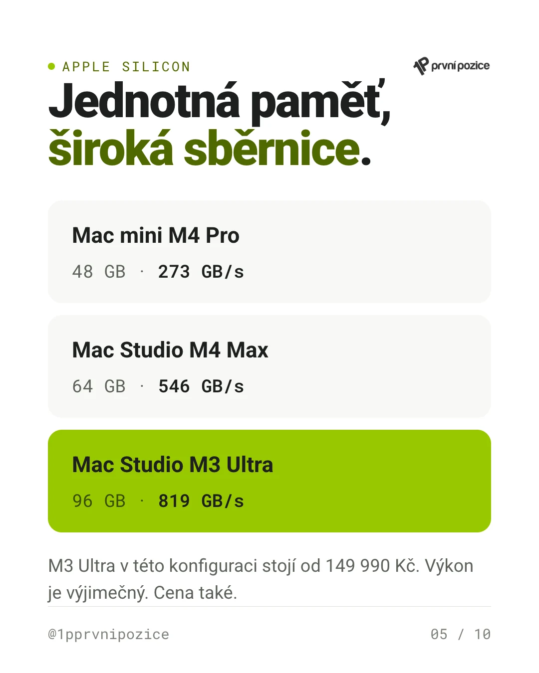 Apple Silicon: Mac mini M4 Pro 273 GB/s, Mac Studio M4 Max 546 GB/s, M3 Ultra 819 GB/s