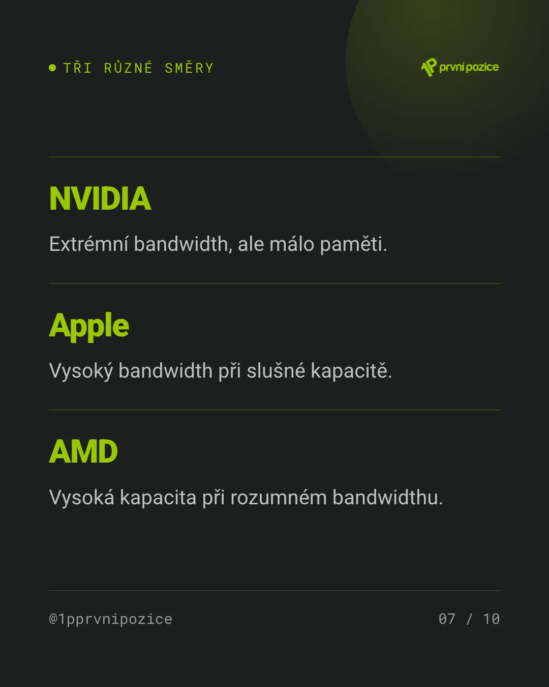 Tři směry vývoje: NVIDIA sází na propustnost, Apple na rovnováhu, AMD na kapacitu paměti