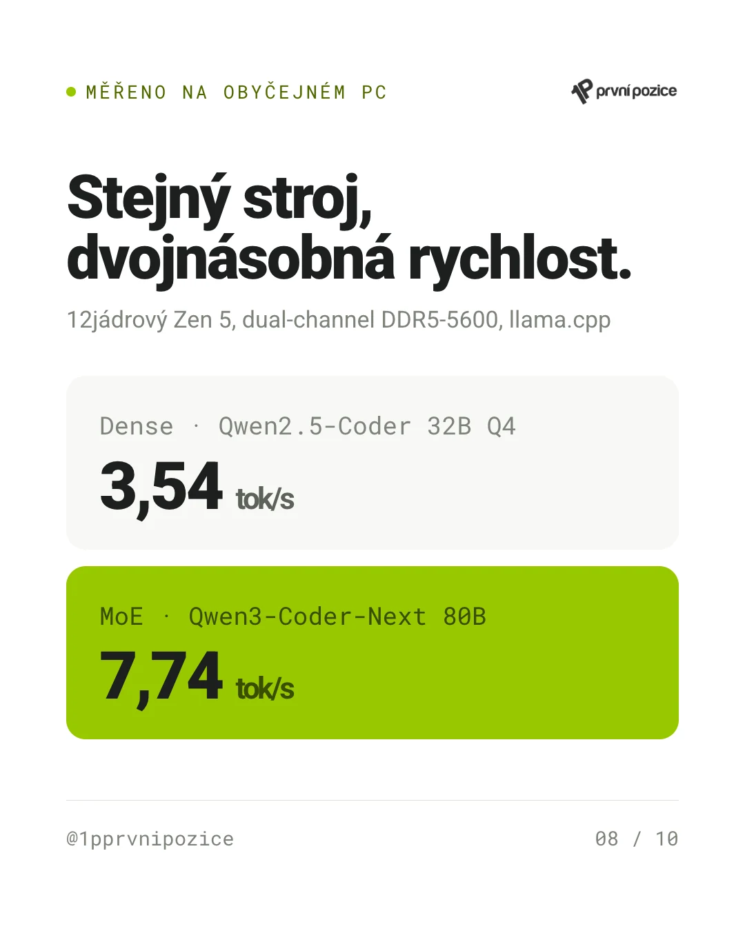 Benchmark na 12jádrovém Zen 5: dense 32B model 3,54 tokenu/s, 80B MoE model 7,74 tokenu/s