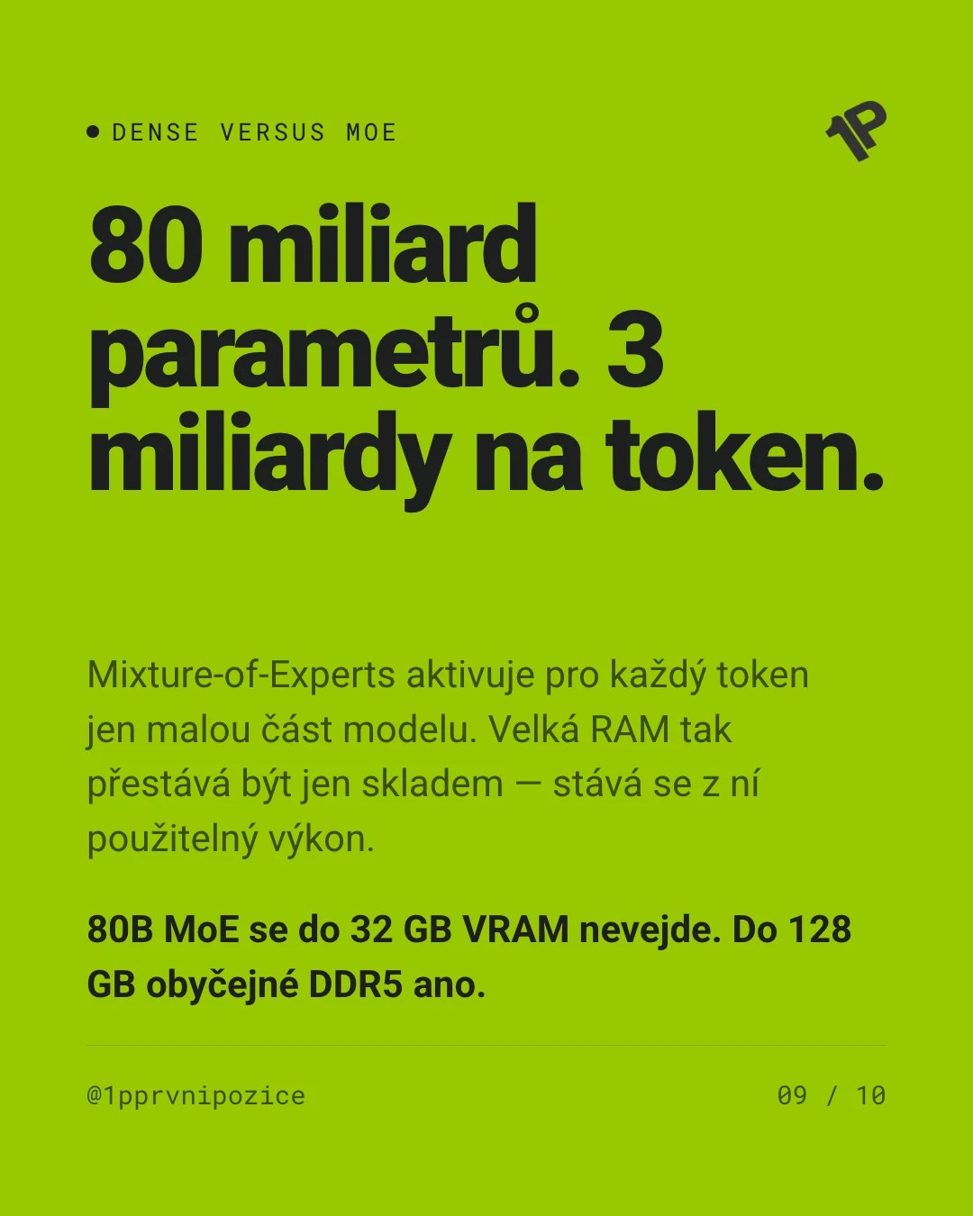Dense model používá při každém tokenu celý model, MoE aktivuje jen zlomek parametrů