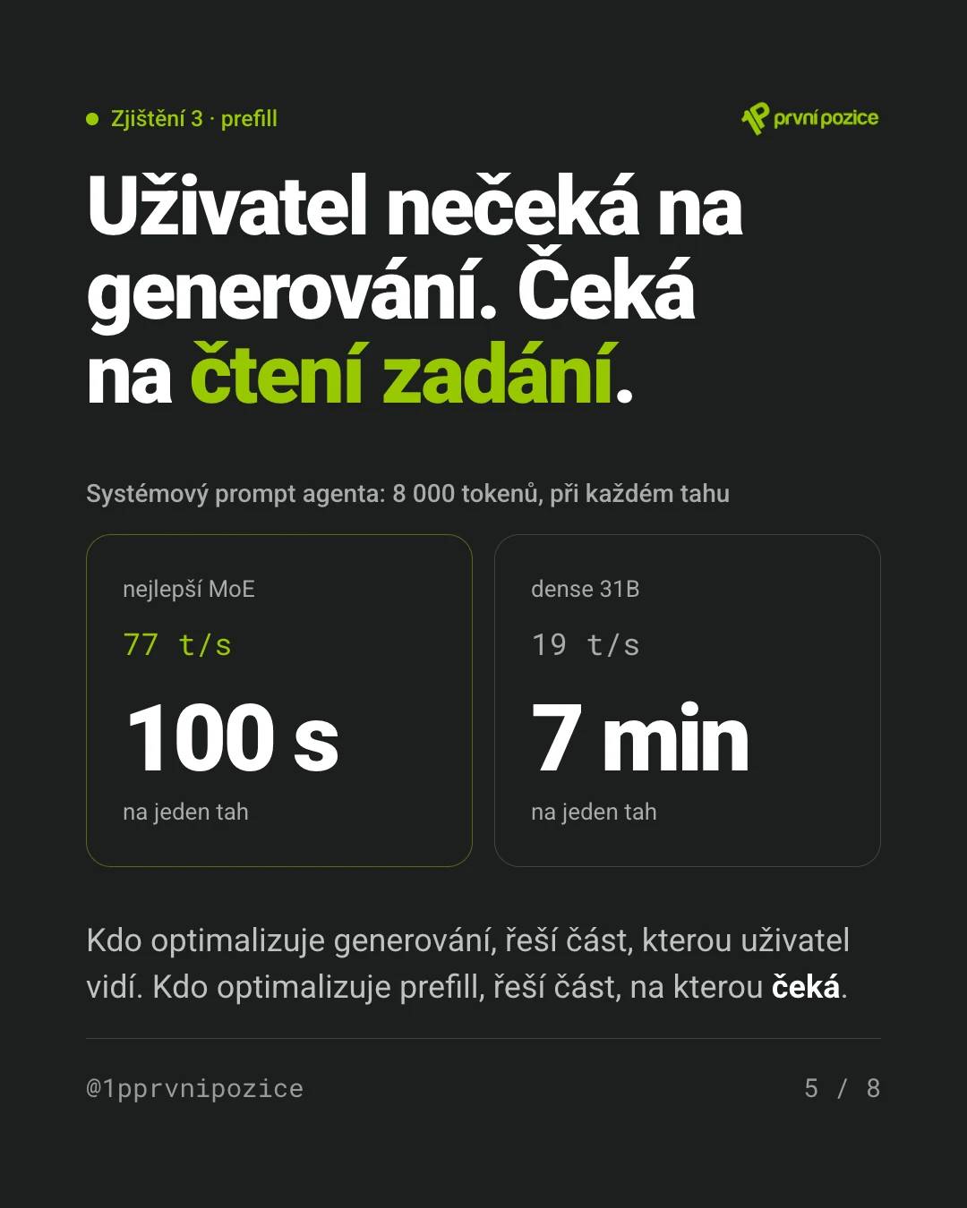 Uživatel nečeká na generování, čeká na čtení zadání: systémový prompt agenta 8 000 tokenů znamená u nejlepšího MoE (77 t/s) 100 sekund na tah, u dense 31B (19 t/s) 7 minut na tah