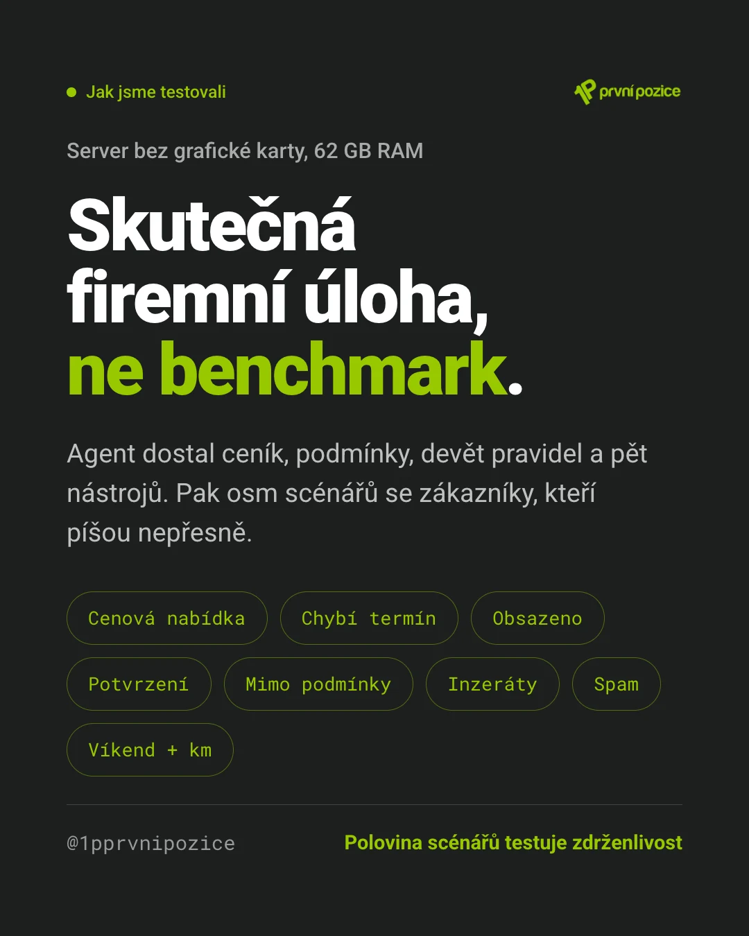 Skutečná firemní úloha, ne benchmark: agent dostal ceník, podmínky, devět pravidel a pět nástrojů, pak osm scénářů — cenová nabídka, chybí termín, obsazeno, potvrzení, mimo podmínky, inzeráty, spam, víkend + km. Polovina scénářů testuje zdrženlivost.