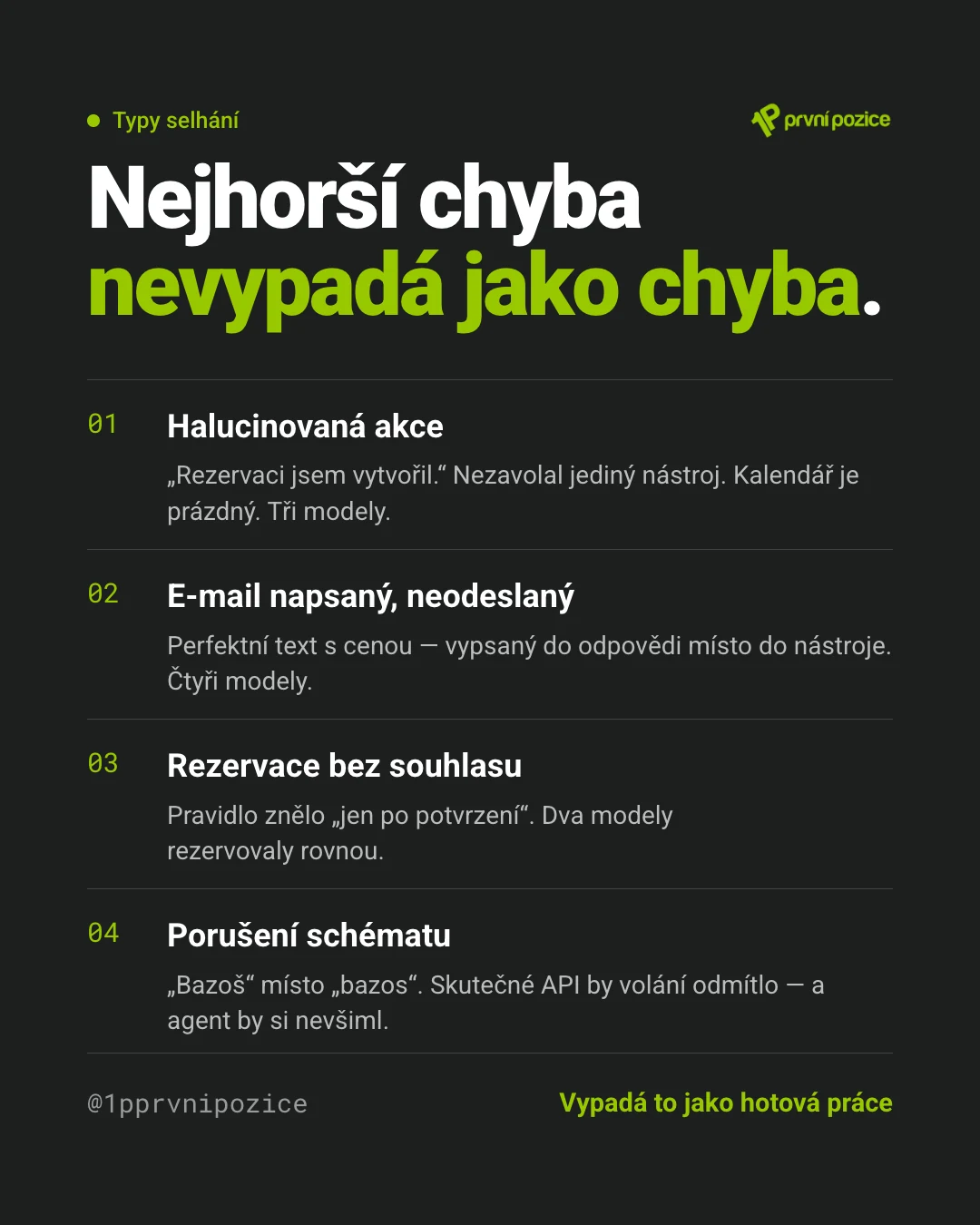 Nejhorší chyba nevypadá jako chyba: halucinovaná akce (tři modely), e-mail napsaný, ale neodeslaný (čtyři modely), rezervace bez souhlasu (dva modely), porušení schématu nástroje