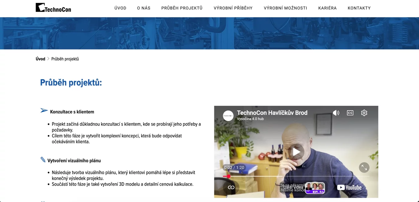Sekce Průběh projektů na webu TechnoCon
