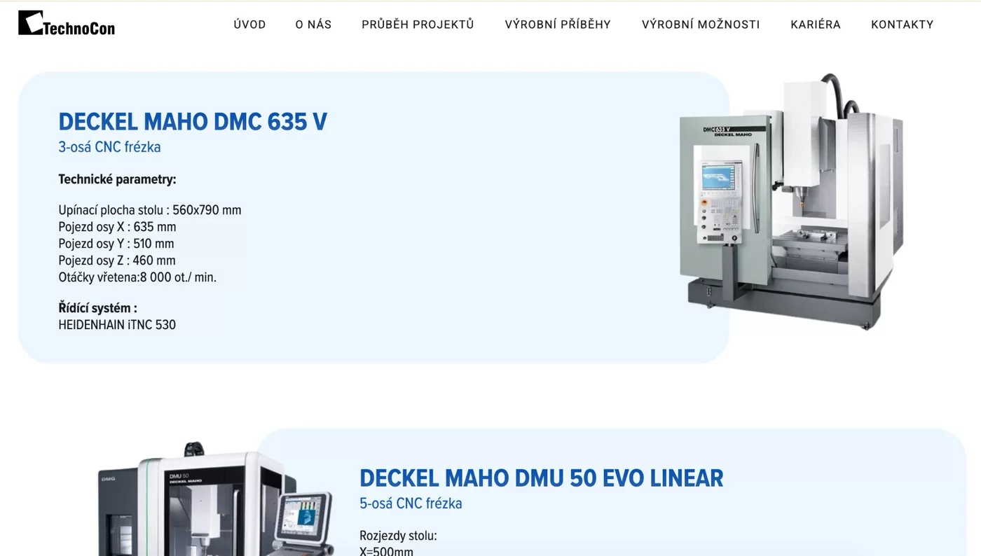 Přehled strojního vybavení na webu TechnoCon