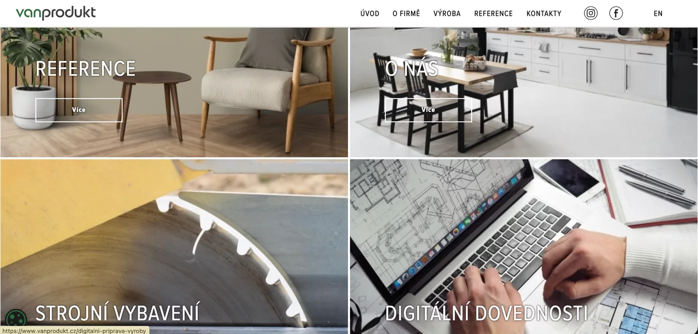 Rozcestník sekcí na webu Vanprodukt
