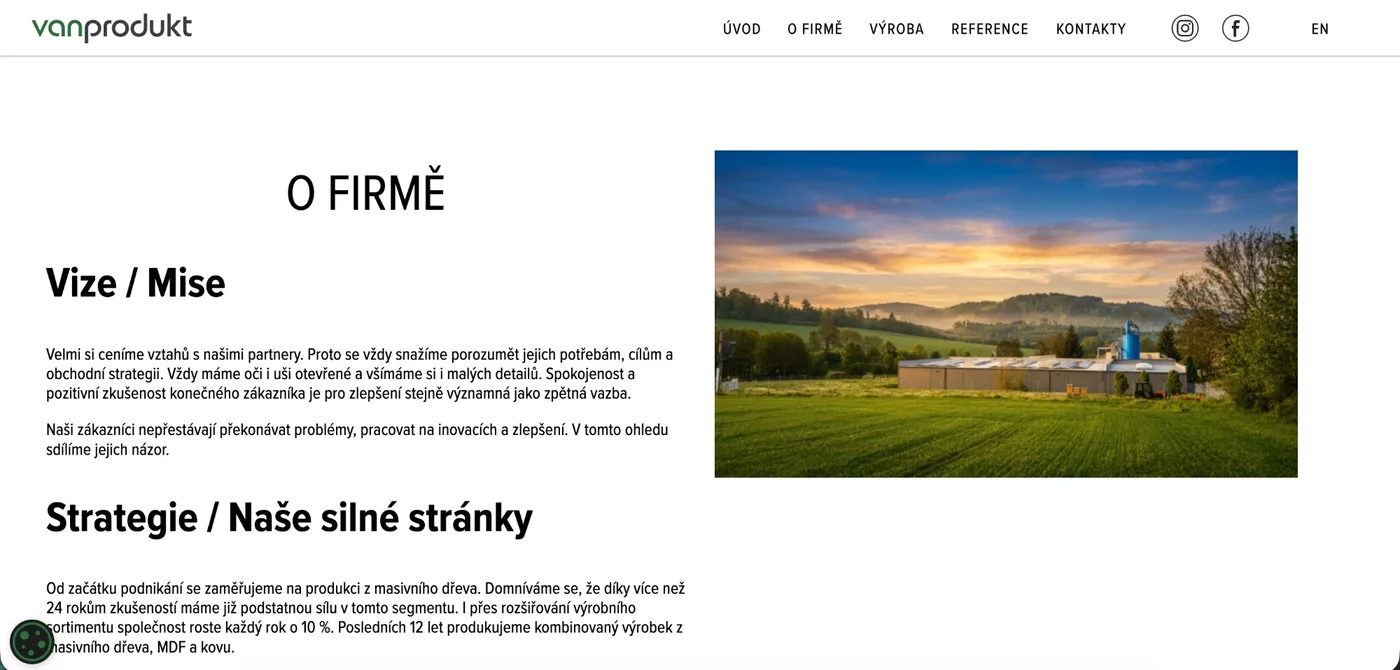Sekce O firmě na webu Vanprodukt